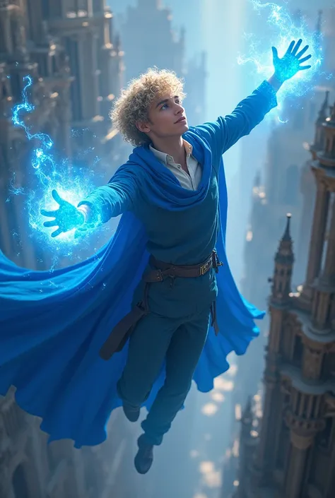 Light curly blonde young man with blue magic flying over a building wearing a blue cloak 