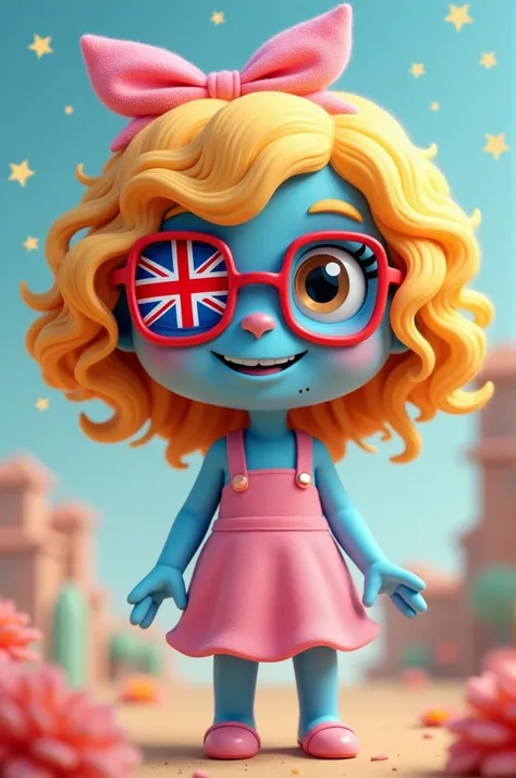 Australia with the Australian flag on its face, the whole blue body with light pink dress, A pink bow in her hair, curly blonde hair and red square glasses and small eyes like in cartoons

(Made in cartoon style)

(The small flag of the United Kingdom supe...