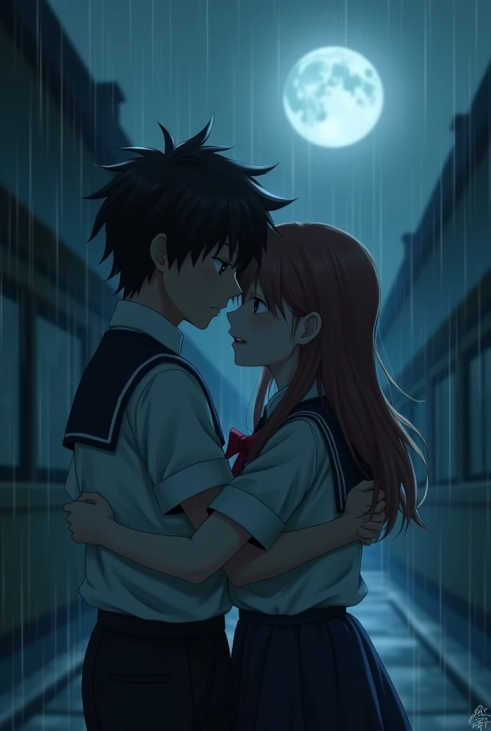 A school boy and girl are tightly hugging each other l,mid night, alone,rain