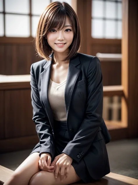 Tabletop, Highest quality, Realistic, Very detailed, finely, High resolution, 8k, Cinema Lighting, 1 person, Beautiful Japanese Women, 30 years old, light brown straight bob hair, Wear a business suit, (Blurred Background, indoor, noon, Light of the sun), ...