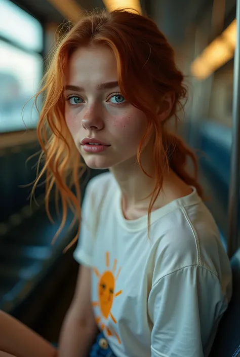 (photorealism:1.2), realistic photo of a slim and natural italian teenage girl, wearing a white t-shirt with a drawing of a Sun and denim shorts, with red hair moved by the wind and blue eyes, with fair skin and small freckles on the face, proud look at th...