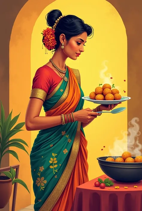 Clipart style A traditional saree wearing indian female holding spatula holding muruku food in plate