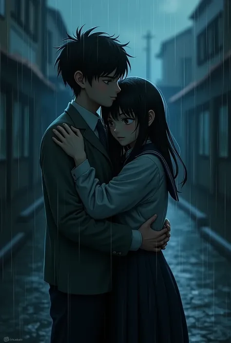 A school boy and girl are tightly hugging each other l,dark night, alone,rain