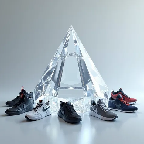 A diamond pyramid with sneakers around it 