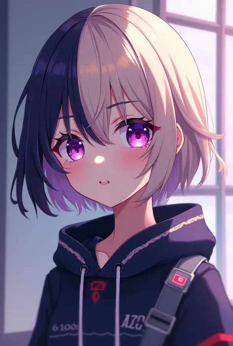 Make an image for me: I want the image of a girl who will be a character in the anime Wind Breaker,She has half blonde and half black hair,her eyes are a shade of lilac and she appears to have 