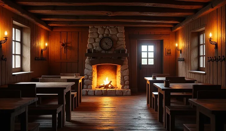 scenery. Dining room of a medieval tavern. Wooden construction. lit fireplace in the background. out. Coat racks next to the exit door.