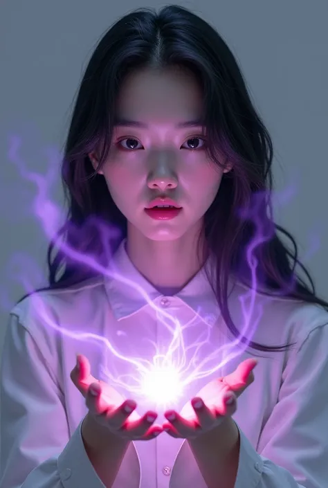 Create an image of a 20 years old pretty and cute korean girl, long wavy hair and white skin, having a powers in between her hands (violet) and the powers (violet) are coming from her hands. 