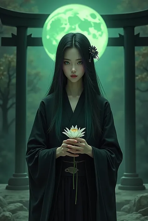 Long, straight, black hair with a purple gradation from the ends.。Her long hair, which reaches the ground, is tied up with a chrysanthemum hairpin.。Snake-like eyes。Long, cool, deep green eyes。A beautiful Japanese woman of her prime with a seductive snake f...