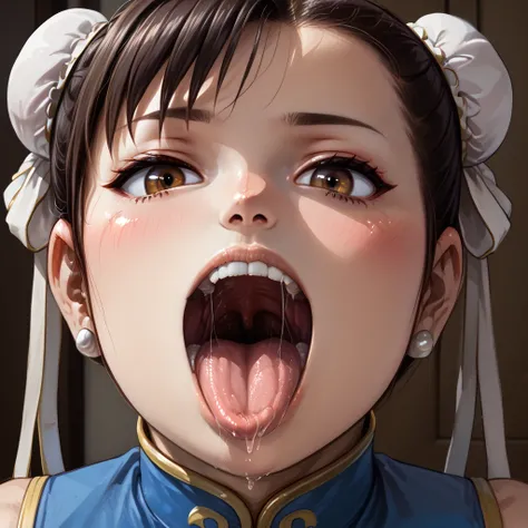 score_9, score_8_up, score_7_up, BREAK, score_9, 1girl, chun-li (street fighter), ultra-realistic, close-up, portrait), blush, open mouth, bigger mouth, tongue, tongue out, close up, saliva, big uvula, uvula, room, mouth focus,