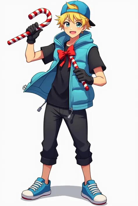 Create a male anime character with blond hair, a blue backwards cap, a black shirt with a blue vest and black gloves that do not cover the fingers, with black pants and blue sneakers and with a candy cane in his hand with a red bow in the middle.