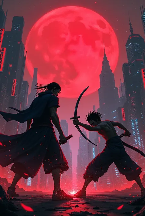 Itachi Uschia fights Zoro from one Pice in a cyber punk city under a red full moon