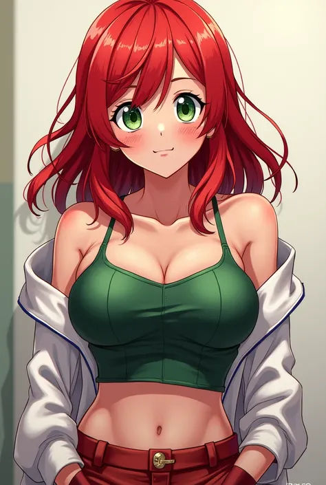 Girl with red hair and green eyes and freckles on her face and huge chest full body boku no hero Academia