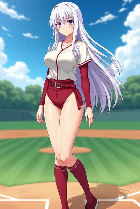 HD、Animation style、white hair 、Purple Eyes、girl、High school student 、single ponytail、Baseball player、Light color short sleeve top、Long sleeve red underwear、plump breasts、Good shape、Thin、sash、Sky、cloud、sunny、Baseball field、fall