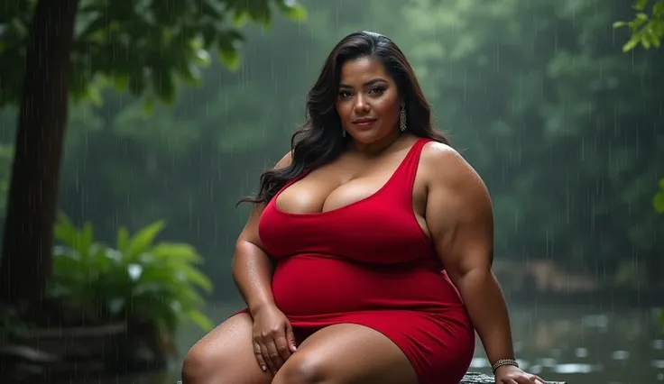 Overweight white body American big body aged mature 50 plus curvy stylish Natural bodybuilder woman wearing fancy modern short night dress with red neckband sitting in the rain looking so sexy with big breasts