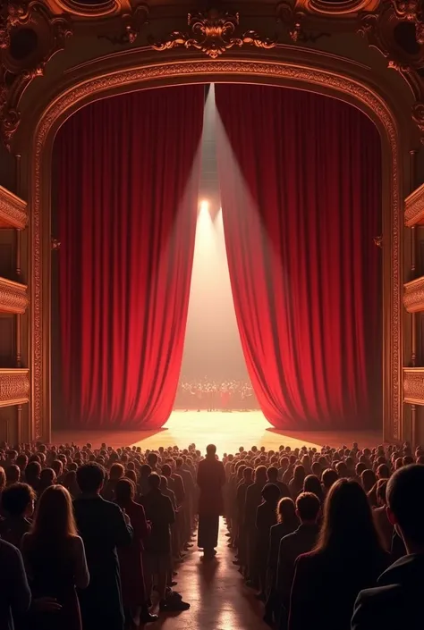 large theater red curtains open and the audience applauding standing 