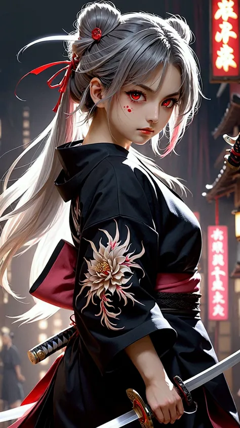 (Japanese sword &reference;Muramasa 2&reference;.2)One beautiful woman、Japanese swordを持った女性、armor、pocket、Warrior、Clear Eyes、Red Eye、{Arm tattoo、Warrior、Realistic battle scenes、敵Warriorの返りBlood、Blood、High resolution、Highest quality、Very detailed、8k、backgrou...