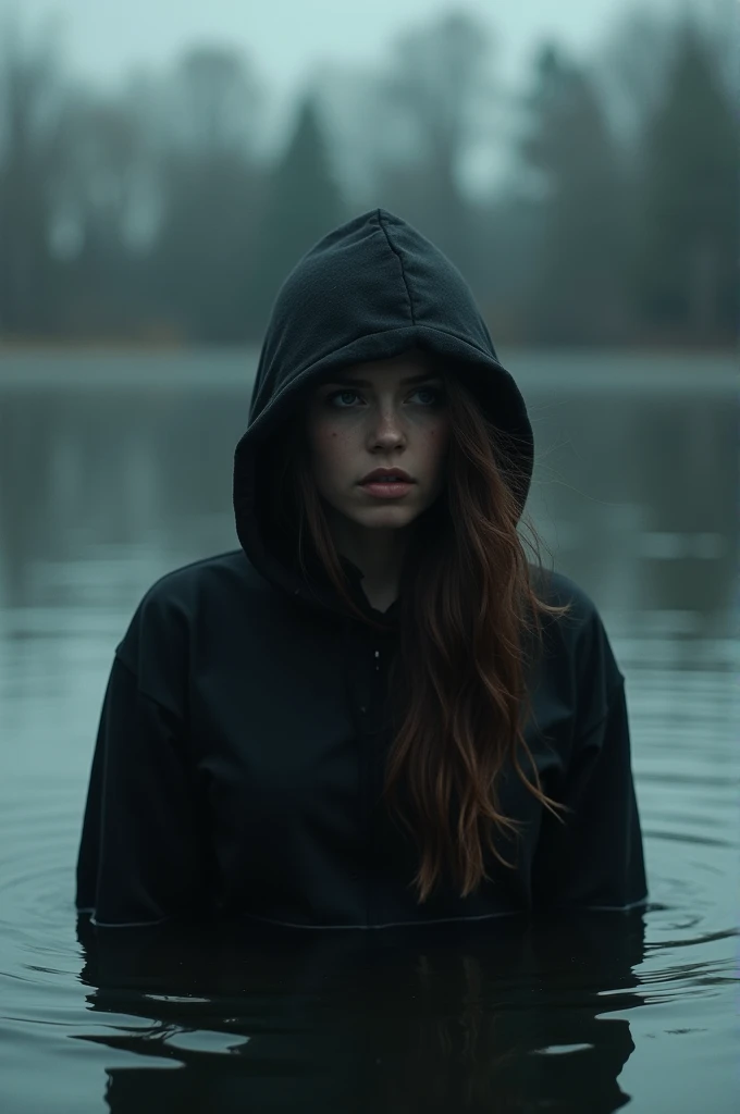 ((best quality)), ((masterpiece)), (detailed), a woman in a black hoodie, Panic, drowned in a haunted lake 