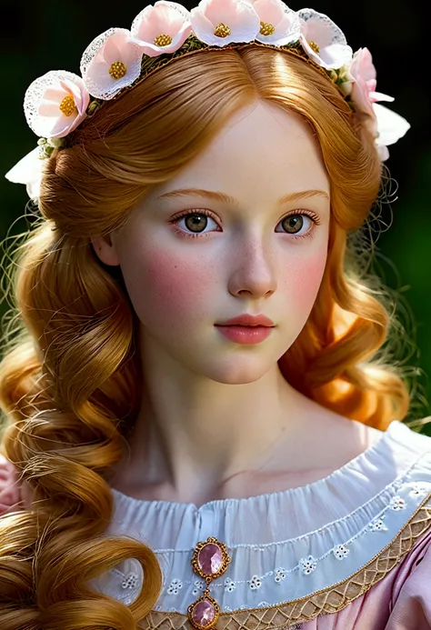 A 1 girl from the Renaissance era. Strawberry blonde hair, honey-colored eyes, small and slightly pulled, delicate nose, small and pink mouth. I don&#39;t know. The face could be oval or round, she looks like a doll but she doesn&#39;t have a high-contrast...