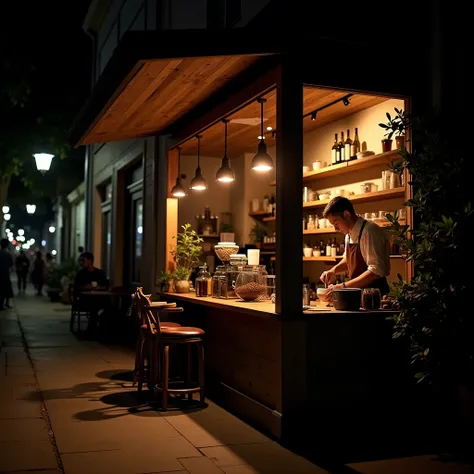 A small artisan coffee shop at night, illuminated by warm, dim lights. The shop has a rustic wooden counter with handcrafted coffee brewing equipment on display. The barista, dressed in a leather apron, is carefully pouring a perfect espresso shot. The atm...