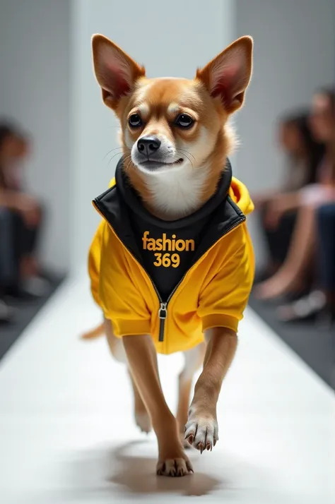 Create a full body image of a dog catwalking in summer clothes, youthful dynamic style, yellow black and white outfit, on the outfit is the words Fashion 369, image size 9:16