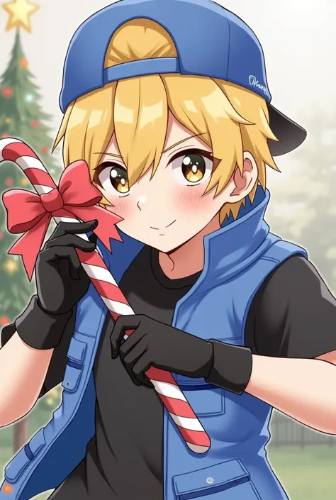 Create a male anime character with blond hair, a blue backwards cap, a black shirt with a blue vest and black gloves that do not cover the fingers, with black pants and blue sneakers and with a candy cane in his hand and the cane with a red bow in the midd...