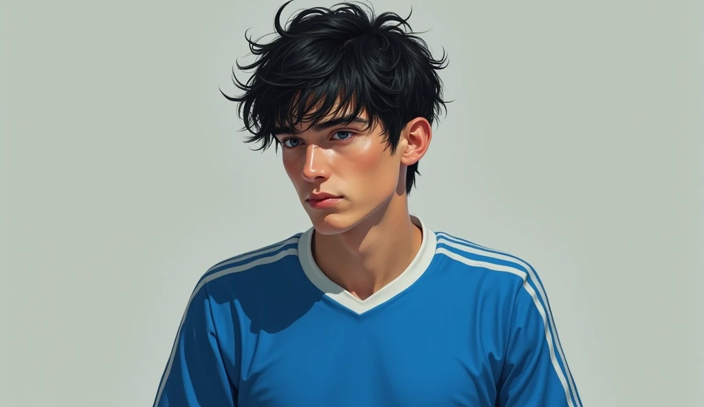 A young man with disheveled black hair was thinking and was wearing a blue soccer jersey..  