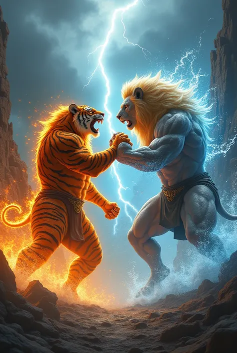 tiger man with fire power  vs lion man with water power