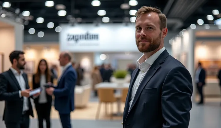 A realistic, professional image announcing the company’s participation in the "Zagorodom" exhibition in St. Petersburg. The scene is set in a modern exhibition space, with booths displaying products and services related to suburban living, construction, an...