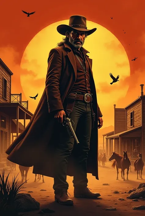 {
  "prompt": "Create a cinematic movie poster of a classic cowboy western. In the foreground, a rugged cowboy wearing a wide-brimmed hat and long duster coat stands confidently, holding a revolver in one hand. His face is shadowed by the hat, with a serio...