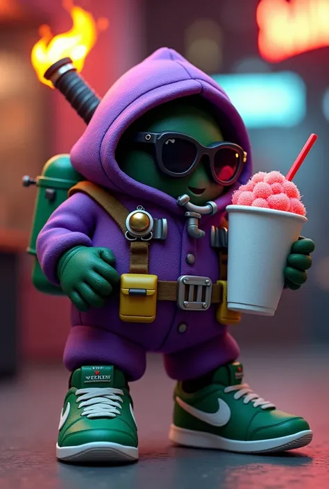 Bob-omb with hooded diver modeling in dark purple, with the fuse on fire in the head, with dark sunglasses, Drinking slush cocktail in white styrofoam cup, with the name of the establishment called WEEKEND, with green Nike tennis shoes.