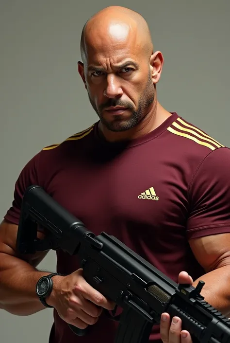 Make Vin Diesel without a beard with an AK-47 with a burgundy Adidas shirt. With the 3 lines in gold  
