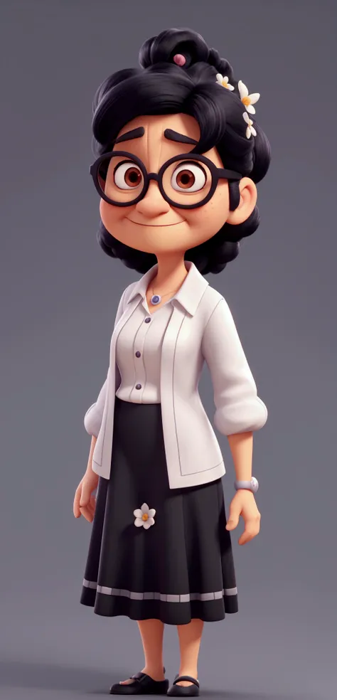 Cartoon character of an 80 year old lady with black glasses and a long skirt and white blouse with small flowers, short shoulder length black hair, Big size, animation character, stylized character, animation style rendering, 3d stylized, Arnold Maya rende...