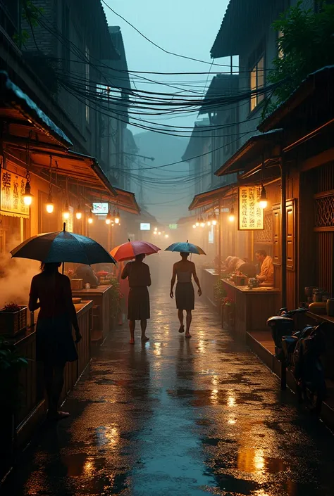 Street view in Thailand, rainy season, light from light bulbs at night, realistic image.