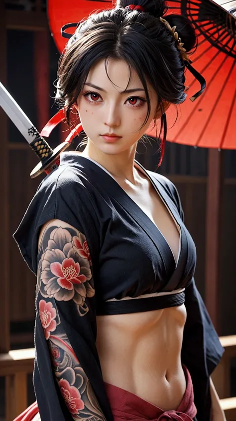 (japanese sword &reference;muramasa 2&reference;.2)one beautiful woman、japanese swordを持った女性、armor、pocket、warrior、clear eyes、red ...