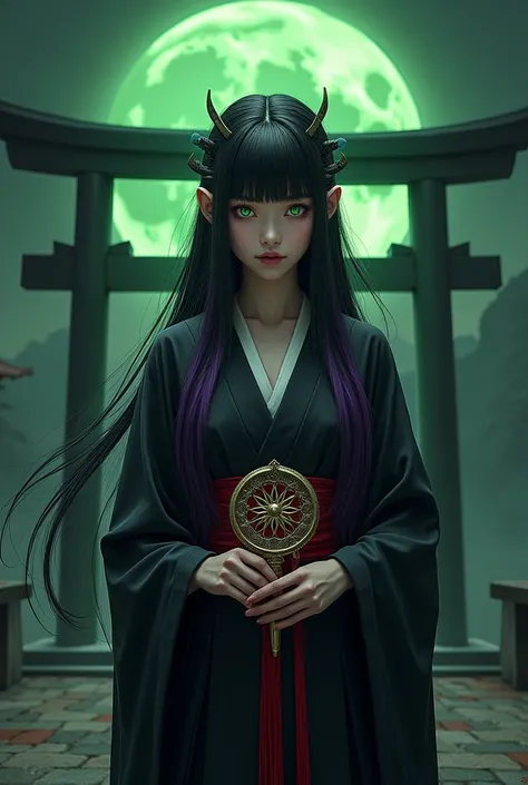 Long, straight, black hair with a purple gradation from the ends.。M-shaped cut bangs。Her long hair, which reaches the ground, is tied up with a chrysanthemum hairpin.。Snake-like eyes。Long, cool, deep green eyes。A beautiful Japanese woman of her prime with ...