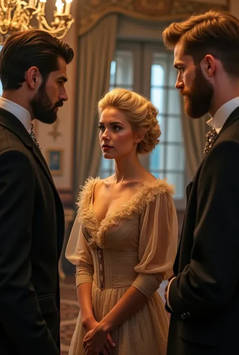 1900 year, rich, young blonde woman and two men – one has dark hair and beard, and other man has blonde hair 