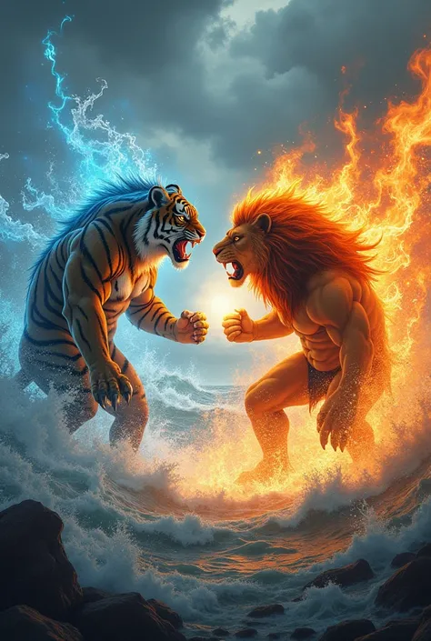 tiger man with water power  vs lion man with fire power