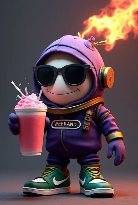 Bob-omb with hooded diver modeling in dark purple, with the fuse on fire in the head, with dark sunglasses, Drinking slush cocktail in white styrofoam cup, with the name of the establishment called WEEKEND, with green Nike tennis shoes.