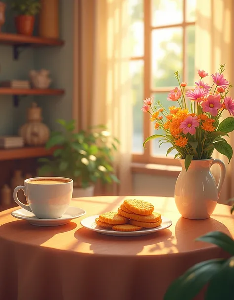 Coffee shop table，There is a cup of orange on it，A plate of cookies，Flowers,high resolution,极high resolution,Adding details,Warm light and shadow