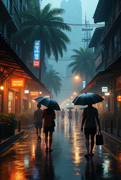 Street view in Bangkok, rainy season, light from light bulbs at night, realistic image.