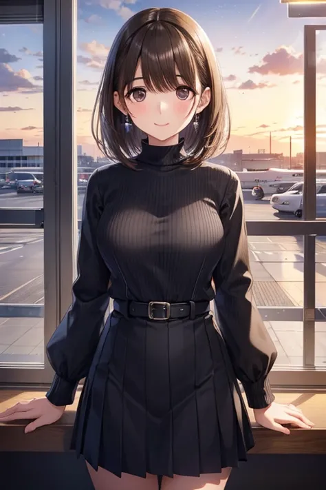 anegasaki nene、Shiny brown hair, short hair, (Beautiful brown eyes、Sparkling eyes, Fine grain)、smile、Ultra-detailed eyes、Highly detailed face, Highly detailed eyes,Cowboy Shot、



1 Female、Early 20s、Super beautiful face、standing、Black ribbed knit、(Airport ...