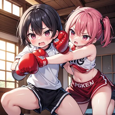 large room、Two children wearing boxing gloves are violently attacking each other、Angry expression、Excessive sweating