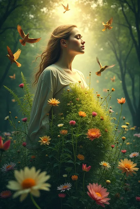 A women and her womb is fulfilled with flora, birds, sun rays, wisdom,university 
