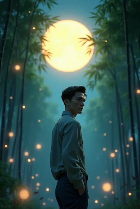 Quiet bamboo forest, Bamboo leaves falling with the wind, Full moon in the sky、a handsome man, Firefly Flying 3D Animation Masterpiece Collection Award-winning Work, 3D Animation Style with chessboard 