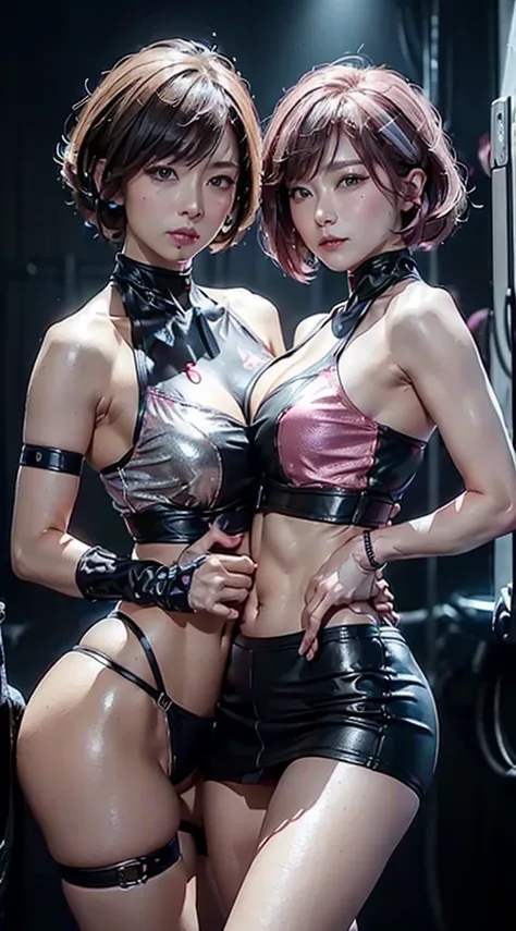 (Top Quality, Ultra High Definition, Photorealistic:1.4), (cowboy shot:1), 1 Beautiful Armed Girl, (Kpop Idol), Detailed Face, (Hair Style: Pink:1, fullbang, shortbob-style:1), Contrapposto, Perfect Anatomy, ((wearing Futuristic Police Racing Suits, low-mi...