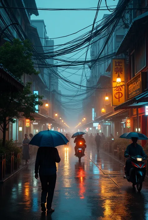 Street view in Bangkok, rainy season, light from light bulbs at night, real image.