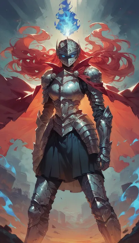 score_9, score_8_up, score_7_up, score_6_up, 1woman, long hair, red hair, blue eyes, helmet, visor, blue fire, armor, black armor, knight, skirt, black skirt, cape, red cape, undead, standing 