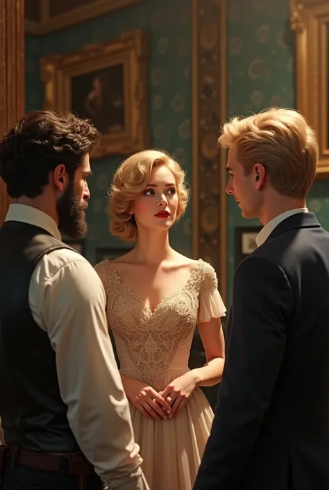 1900 year, rich, young blonde woman and two men – one has dark hair and beard, and other man has blonde hair 