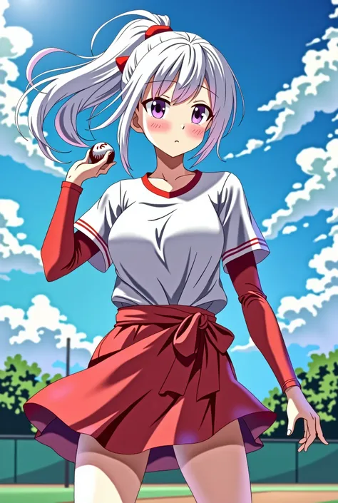 HD、Animation style、white hair 、Purple Eyes、girl、High school student 、single ponytail、Baseball player、Light color short sleeve top、Long sleeve red underwear、plump breasts、Good shape、Thin、sash、Sky、cloud、sunny、Baseball field