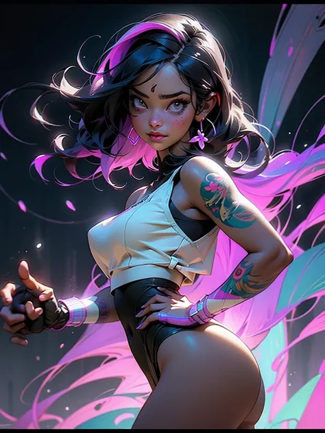 highly detailed portrait of 2 tattooed women, a black woman in a mini dress and a caucasian woman in a mini dress, 2 little girls, por Atey Ghailan, por Greg Rutkowski, by greg tocchini, por James Gillard, por Joe Fenton, by Kaethe Butcher, voluptuous, sup...